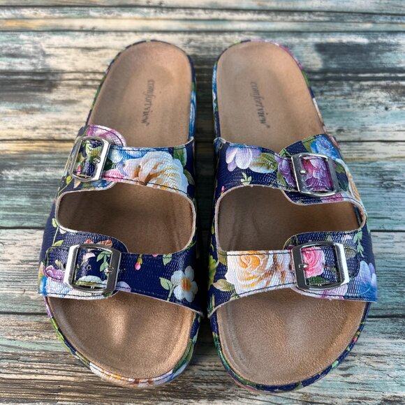 Comfortview The Maxi Footbed Slide Sandal Womens 9 Extra Wide Blue Floral Casual - Picture 4 of 11
